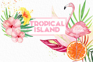 Tropical Island. Watercolor Clipart.