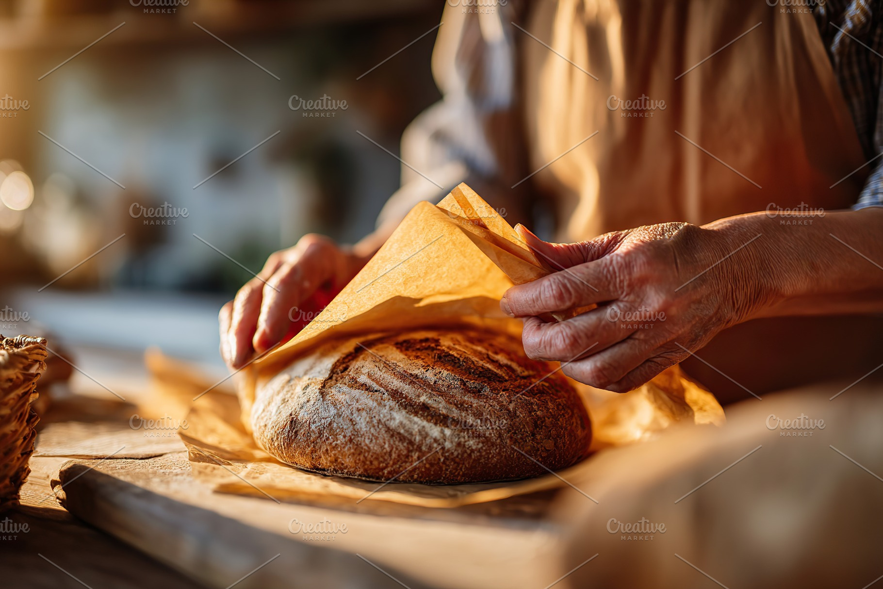 Hands gently wrapping freshly baked bread in beeswax food wrap at a rustic kitc, a Food & Drink Photo by AlyaAnd
