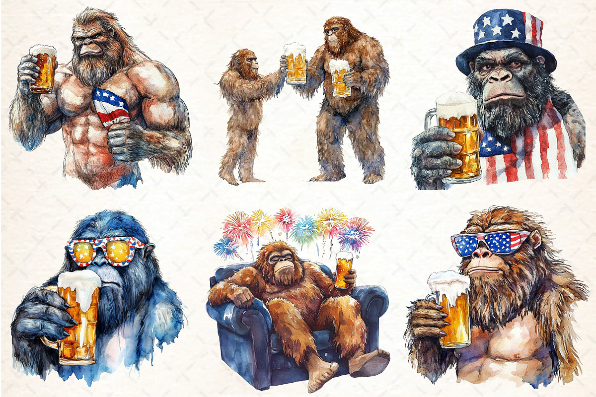 Bigfoot Holding Beer 4th of July PNG, an Illustration by DreamCafeArt (Photo 2 of 6)