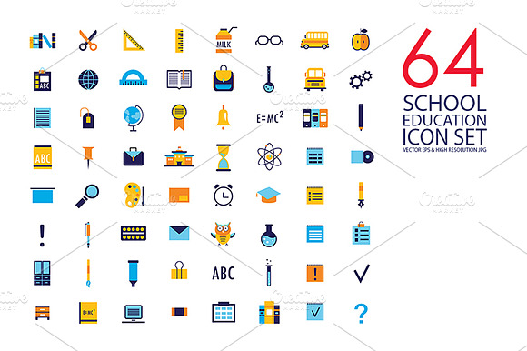 64 Education School Flat Icon Set