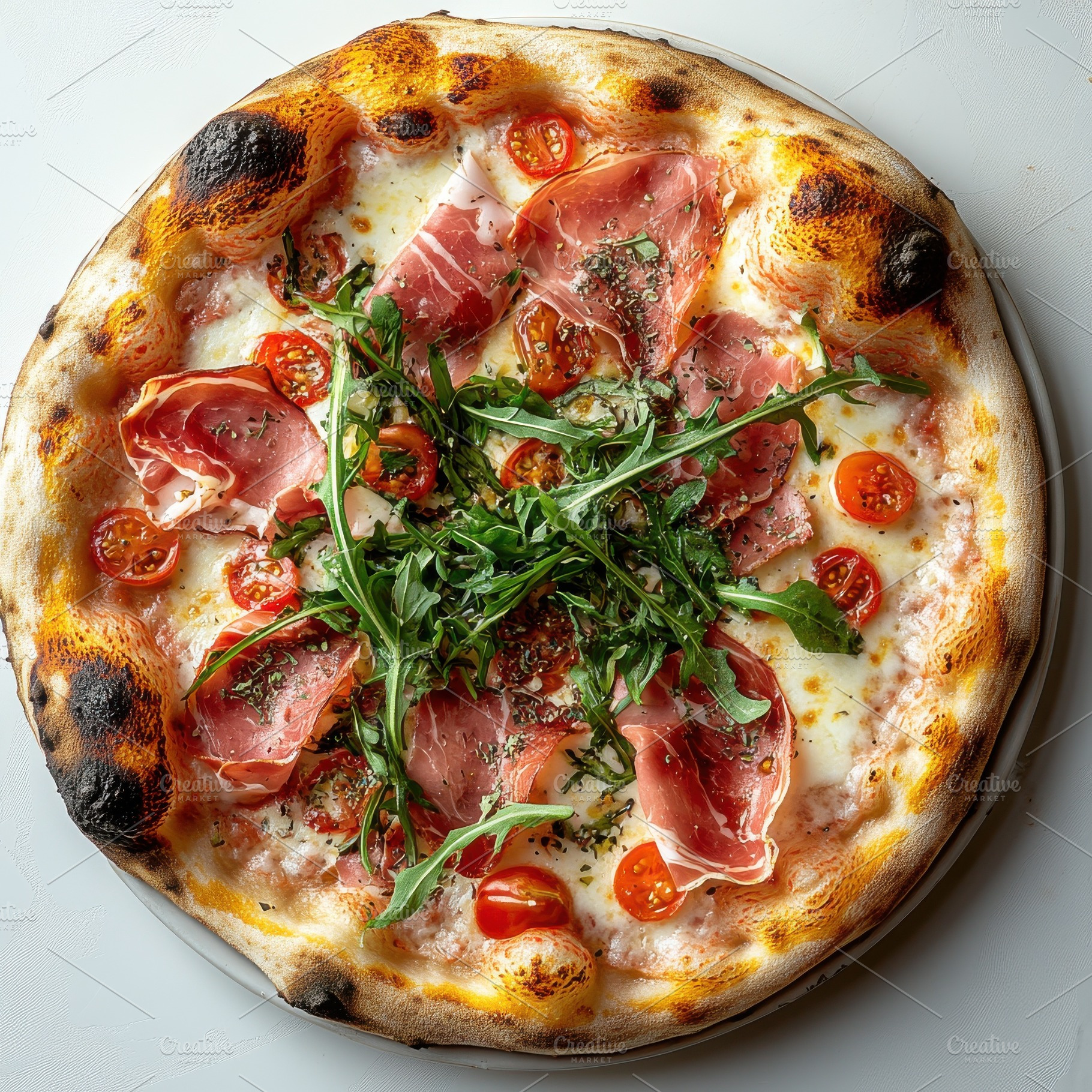 Margherita pizza garnished with ham,, a Food & Drink Photo by Pixeness Studio