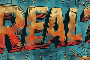 A bold comic-style illustration featuring the word 'REAL?' with vibrant colors, a Background Photo by ImageMir