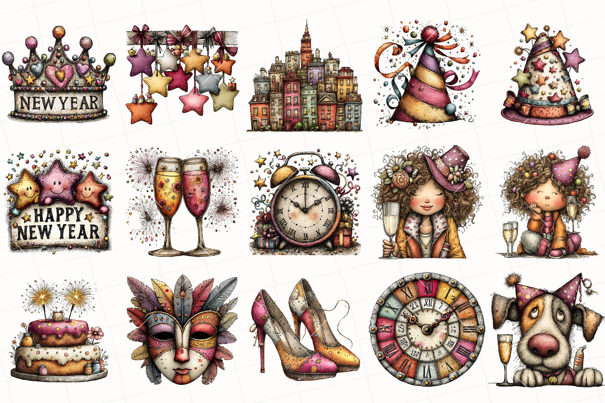Whimsical New Year Clipart, an Illustration by OK Design (Photo 3 of 6)