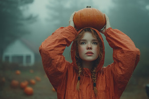 Girl in orange raincoat holding pumpkin on head in misty forest, a Person Photo by José Manuel Gelpi