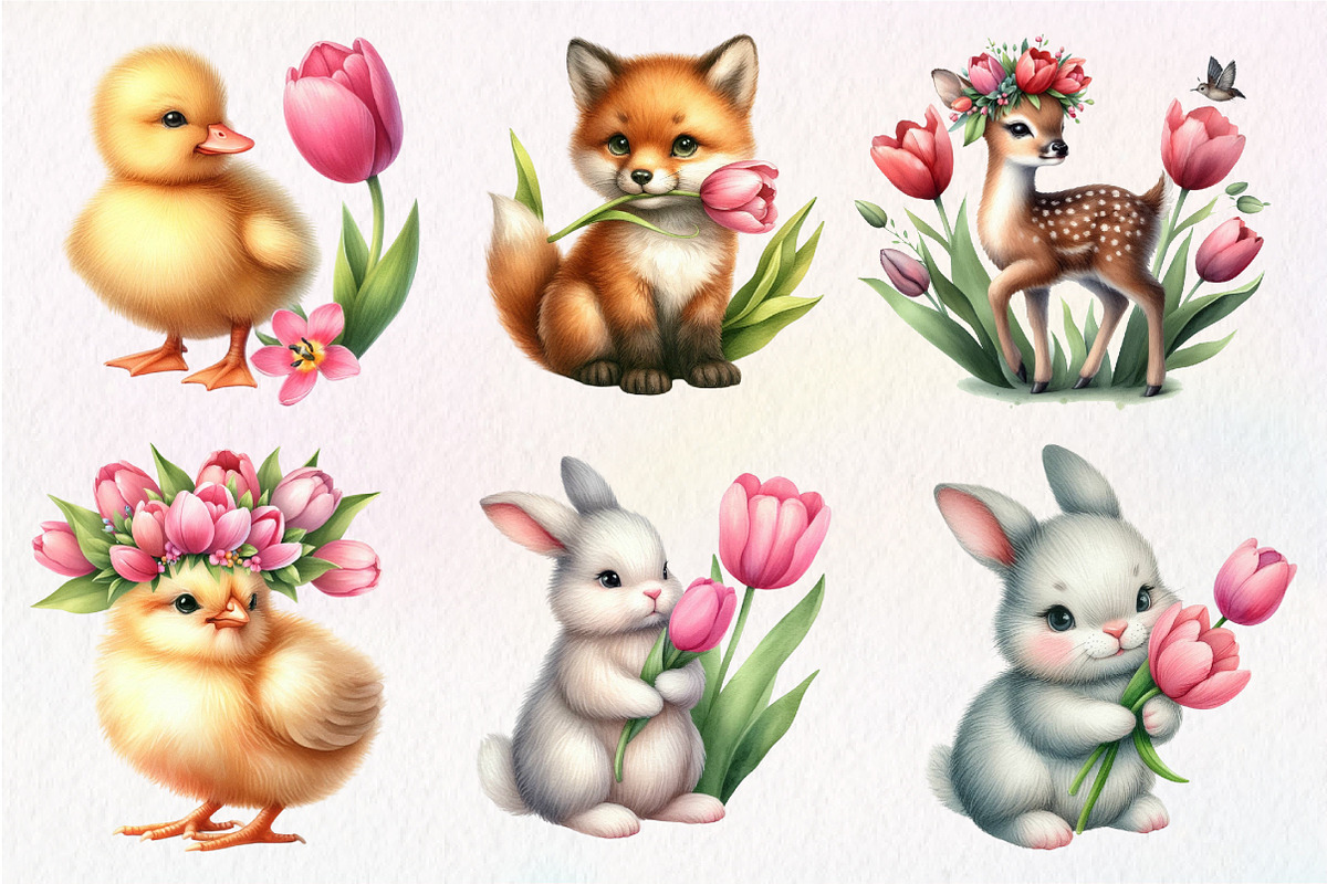 Cute Animals Tulip Flower Clipart, an Illustration by Dream Creation (Photo 5 of 7)