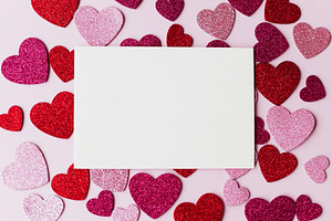 Valentines day card mockup. Empty greeting card flat lay with st, a Holiday Photo by Sonjachni