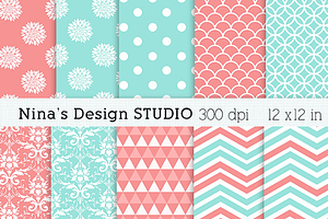 Coral And Dusty Aqua Digital Papers