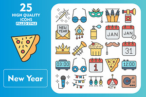 25 New Year Line Filled Icons, an Icon by Pexelpy