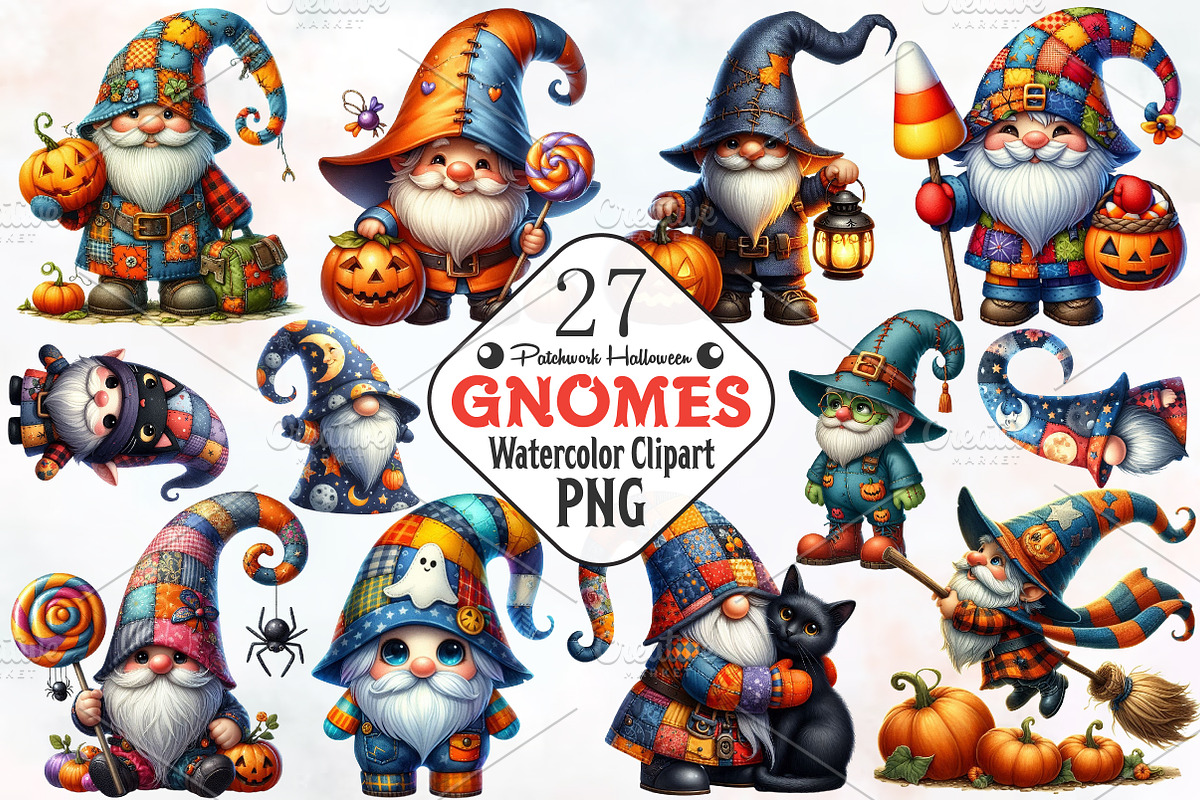 Patchwork Halloween Gnome Clipart, an Illustration by RobertsArt (Photo 1 of 7)