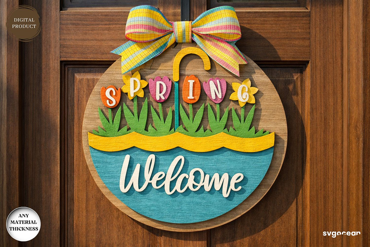 Welcome Spring Door Sign Laser Cut, a Decorative Illustration by svgocean