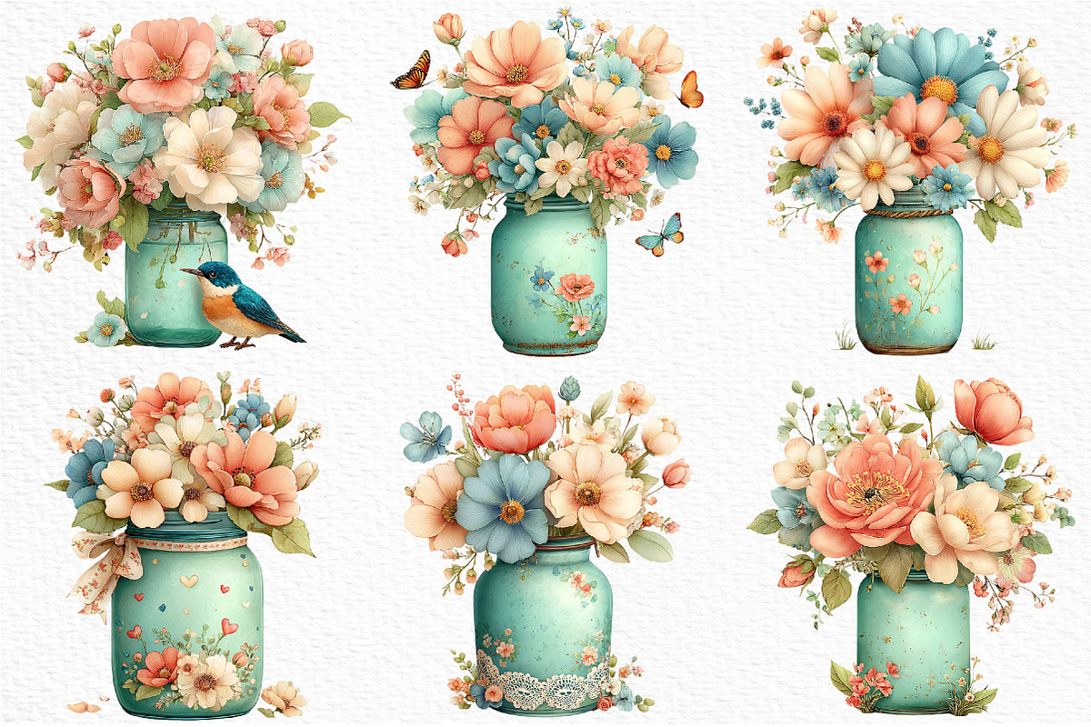 Watercolor Spring Mason Jar Clipart, an Illustration by Craft Nest (Photo 2 of 12)