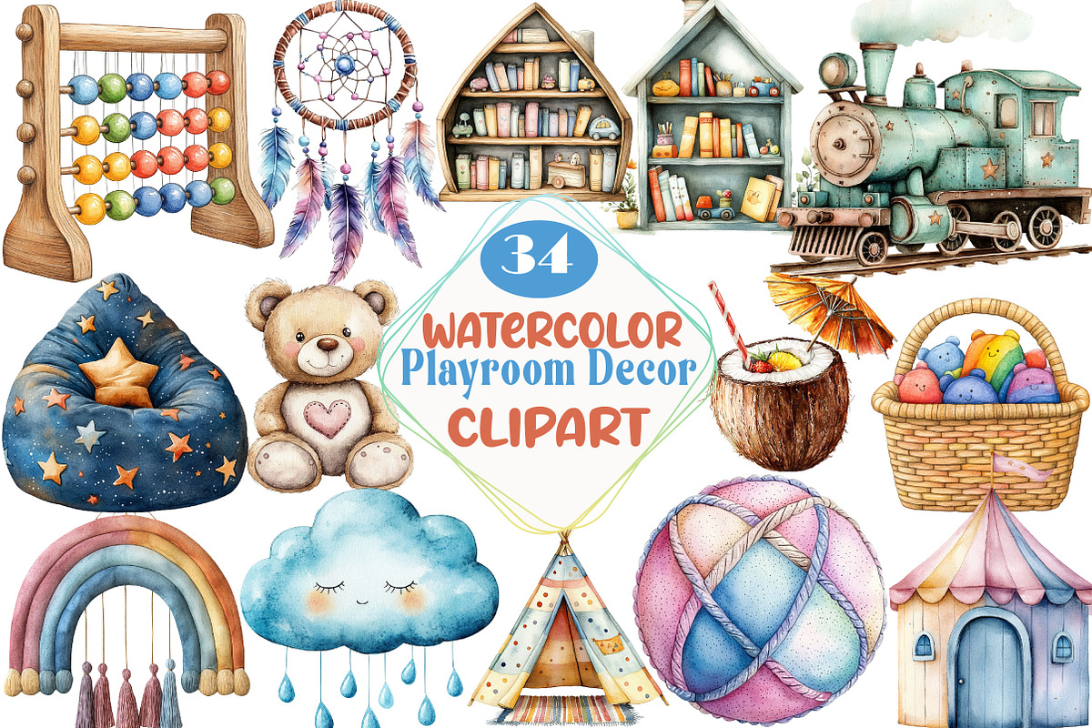 Watercolor Playroom Decor Clipart, an Illustration by DreamCafeArt (Photo 1 of 7)