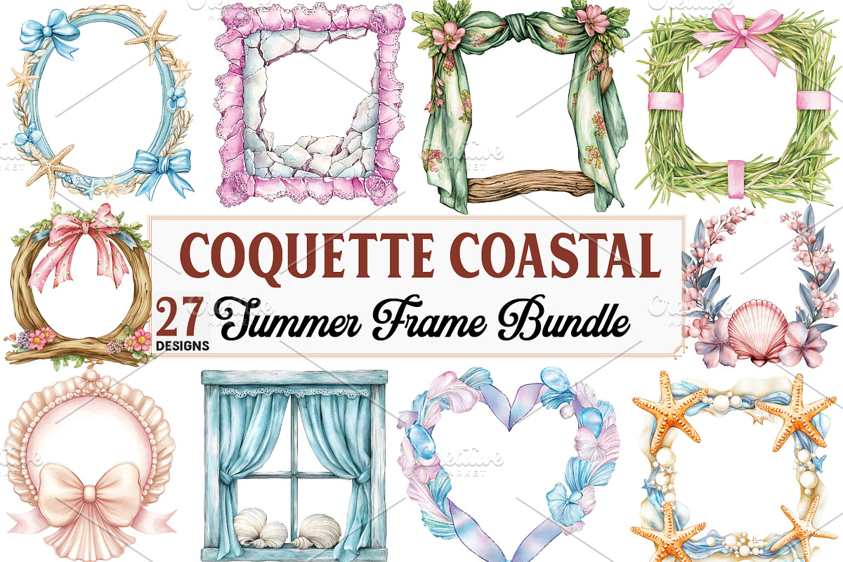 Coquette Coastal Summer Frame Bundle, an Illustration by Watercolor design (Photo 1 of 5)