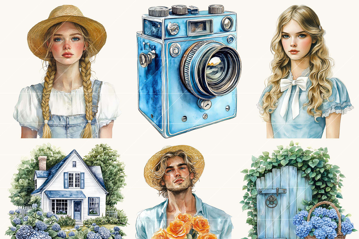 Vintage Blue Wonderland Clipart, a Person Illustration by BusyDaydesign (Photo 7 of 9)