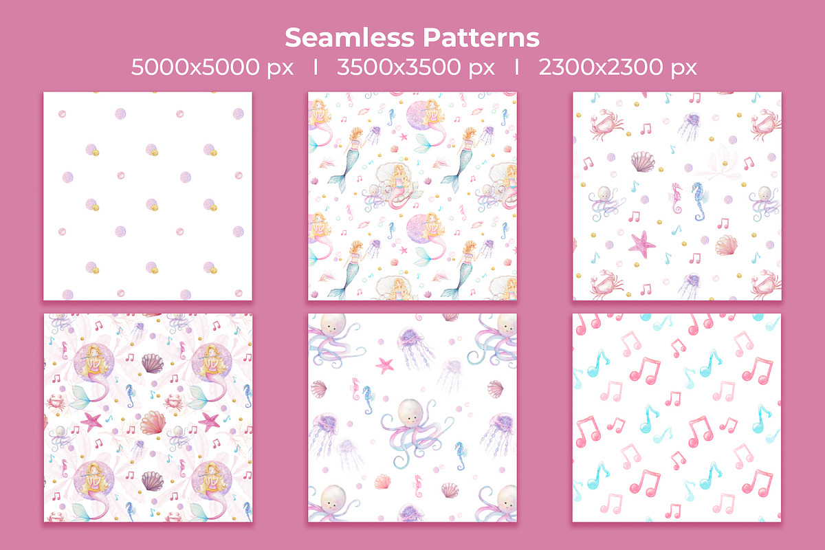Mermaid watercolor pattern set, an Animal Illustration by WatercolorElena (Photo 3 of 11)