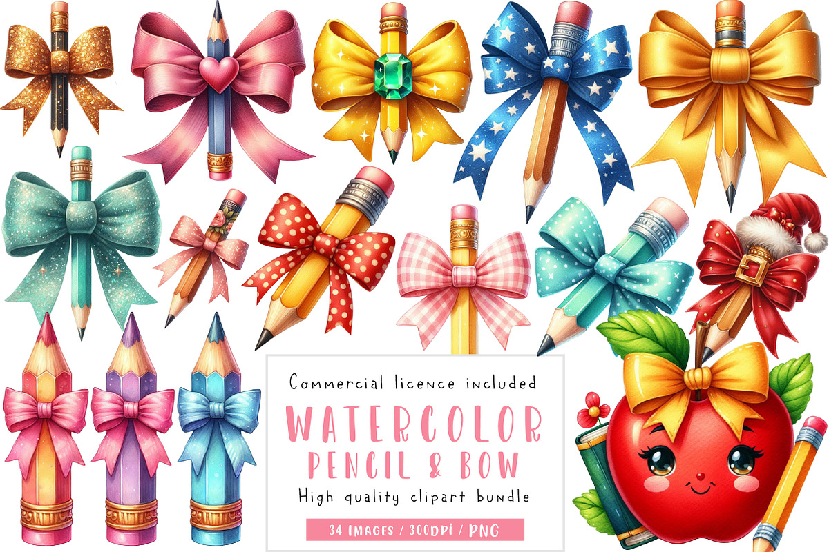 Pencil & Bow Coquette Style Watercol, an Illustration by CreationArt (Photo 1 of 5)