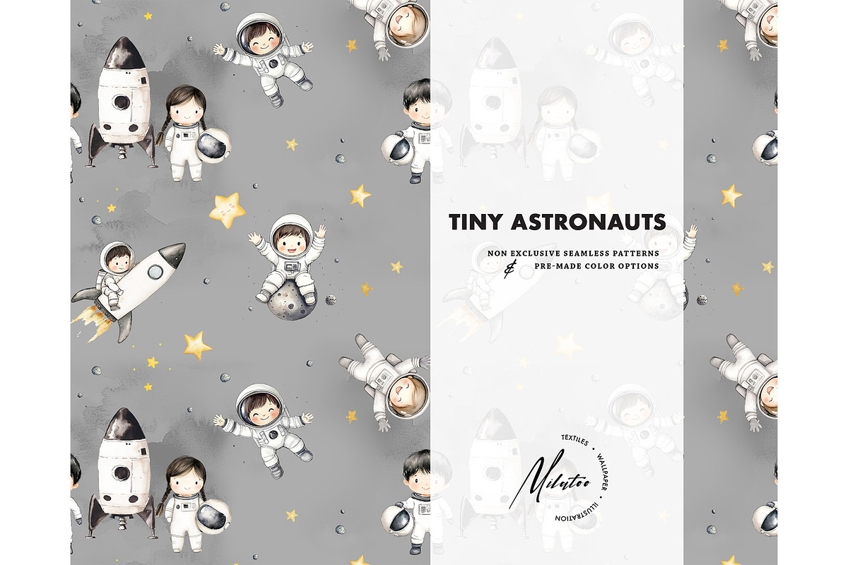 Little astronauts seamless pattern, a Pattern Graphic by Milatoo (Photo 1 of 7)