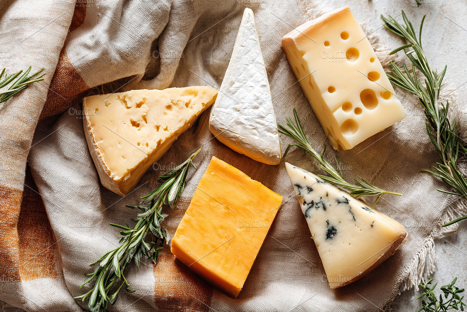 Assortment of soft and aged cheeses arranged on a cloth with fresh herbs in a r, a Food & Drink Photo by AlyaAnd
