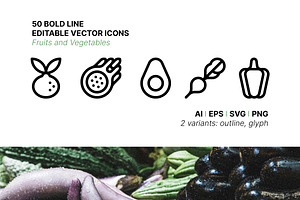 50 Fruit and Vegetable Icons, an Outline Icon by Side Project