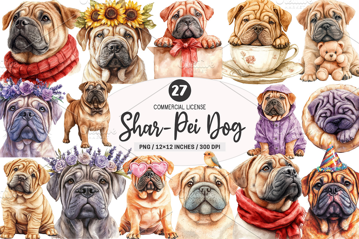Shar-Pei Dog Watercolor Clipart, an Illustration by SinaCreation (Photo 1 of 5)