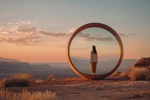 Woman views sunset in a frame, a Photo by Beautiful things