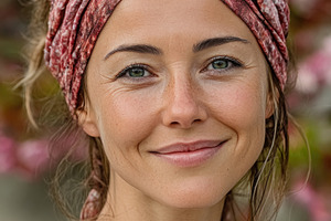 Smiling woman wearing patterned headscarf in flower garden, a Person Photo by José Manuel Gelpi