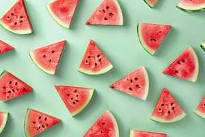 Pattern of fresh watermelon slices on green background, a Food & Drink Photo by AlyaAnd