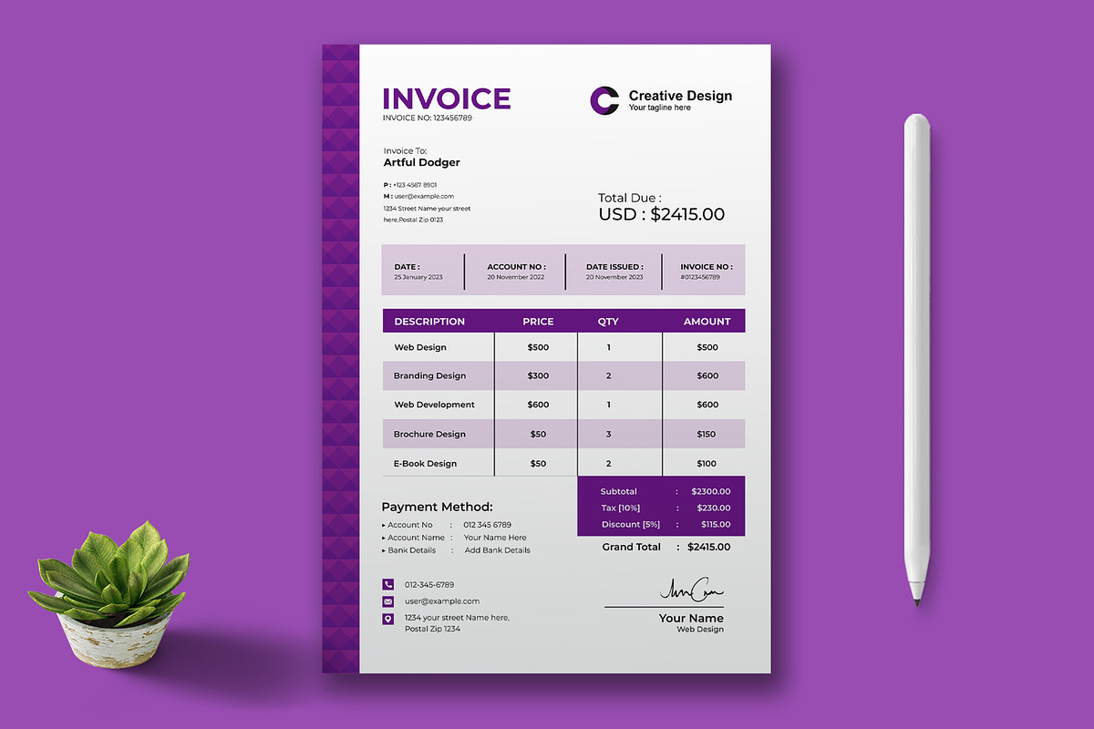 Pink Color Invoice Design Layout