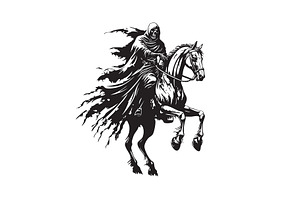 A dark, grim reaper rides horse, an Animal Illustration by yod67