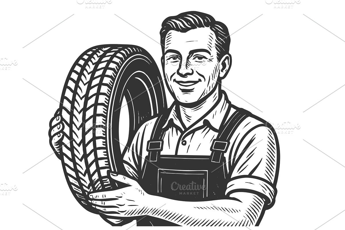 Tire Technician Mechanic Holding Car, a Person Illustration by AlexArt