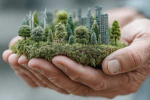 Hands holding a miniature green city with trees and wind turbines symbolizing s, a Photo by AS photostudio