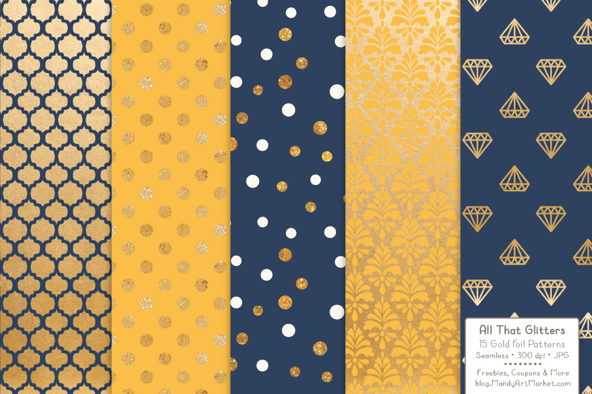 Navy & Lemon Gold Foil Digital Paper, a Pattern Graphic by Amanda Ilkov (Photo 3 of 4)