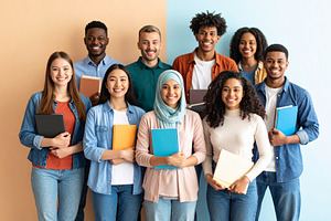 Diverse students with different skin tones posing for a photo, a School & Education Photo by DanFLCreativo