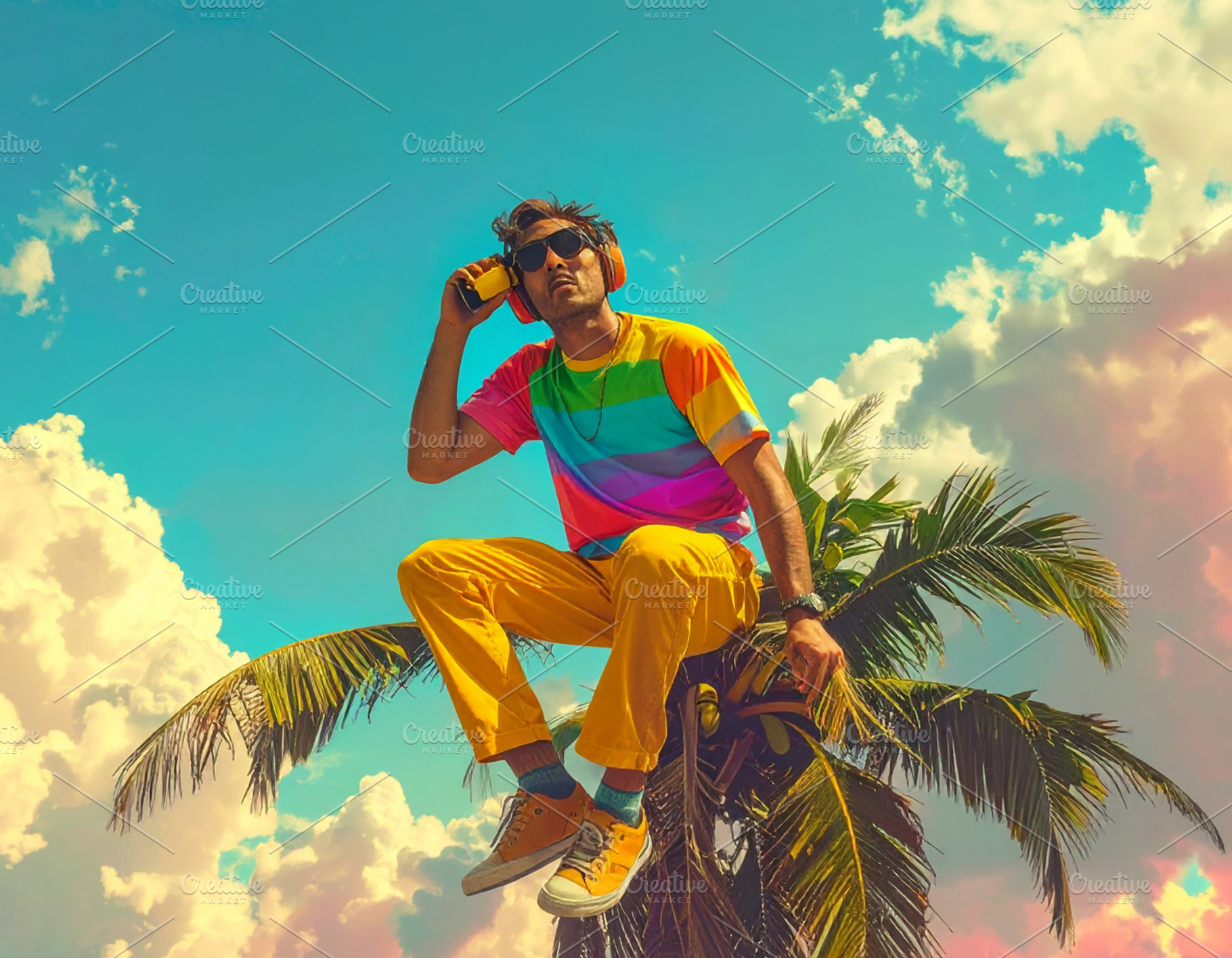 A young man sitting on palm tree using a mobile phone, a Person Photo by DanFLCreativo
