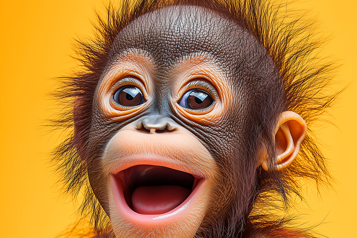 Laughing Baby Orangutan on Yellow, an Animal Photo by Elles Rijsdijk (Photo 1 of 2)