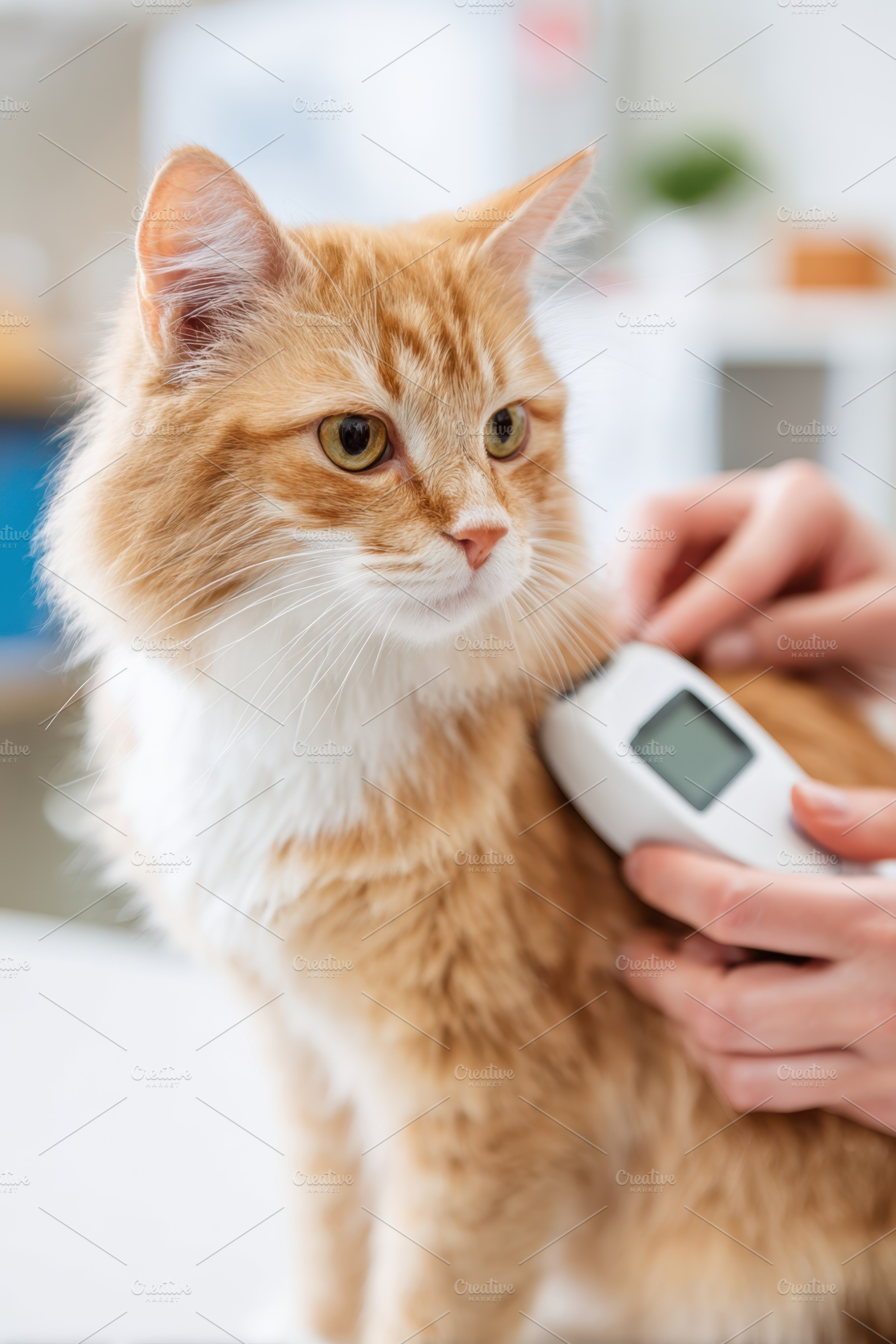 Veterinarian examining a fluffy orange cat, an Animal Photo by AlyaAnd