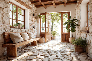 Cozy indoor space with stone floor and wooden bench, inviting natural light and, an Architecture Photo by AlyaAnd