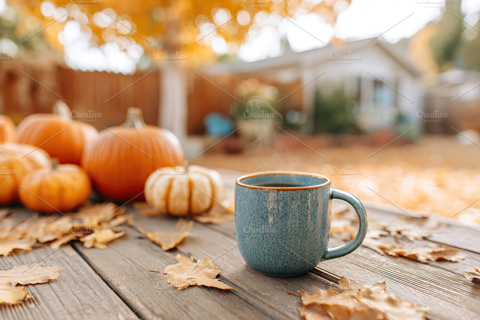 Cozy mug mockup with steam on a rustic table amidst autumn leaves and pumpkins, a Food & Drink Photo by AlyaAnd