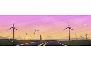 Wind turbines along empty road at, an Illustration by art PVP - market