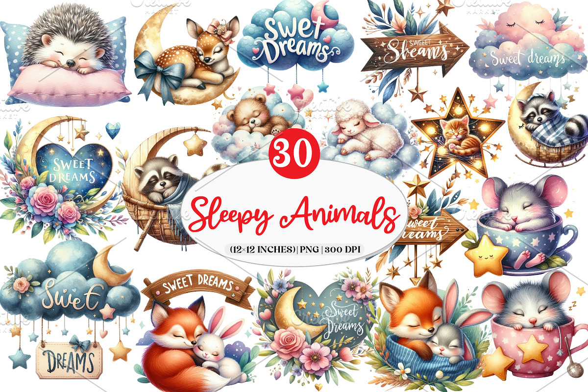 Sweet Dreams Sign,Sleepy Animals png, an Illustration by Watercolor design (Photo 1 of 3)