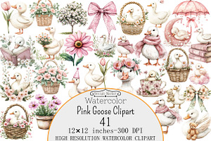 Watercolor Pink Goose Clipart, a Seasonal Illustration by Design Market