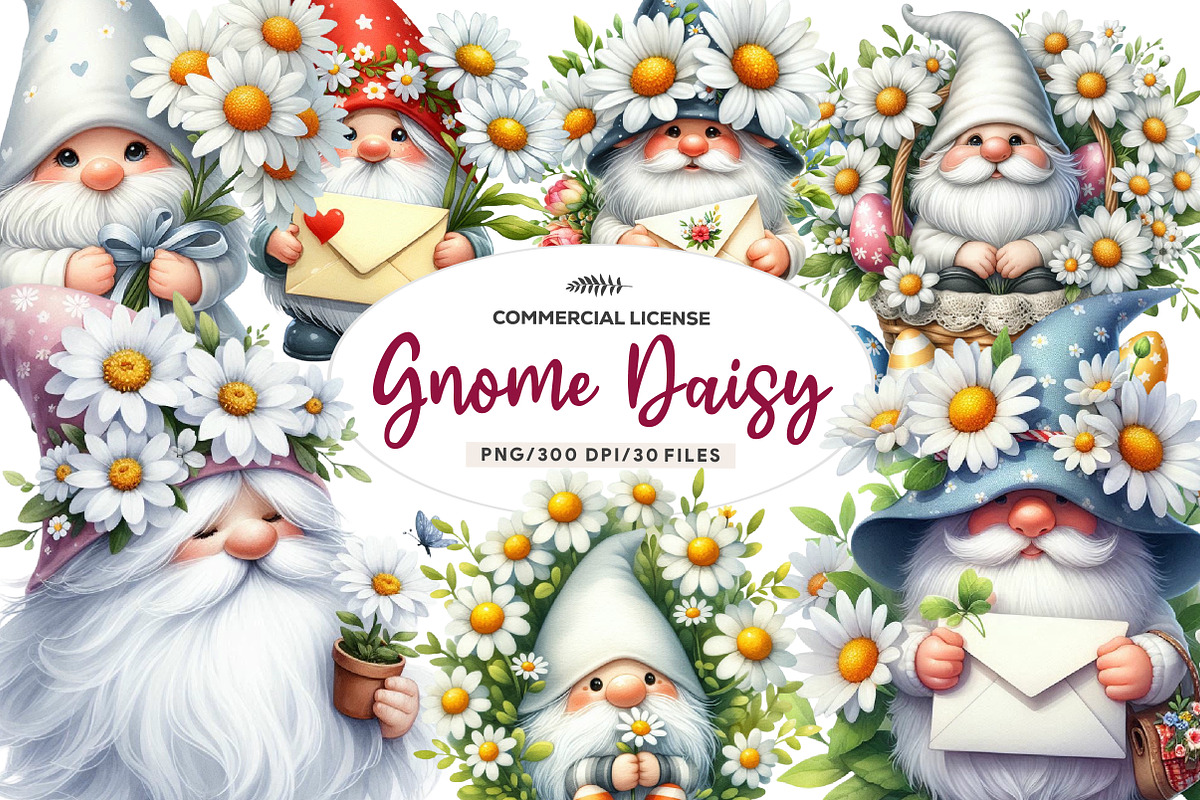 White Gnome Daisy watercolor Clipart, an Illustration by CreationArt (Photo 1 of 9)