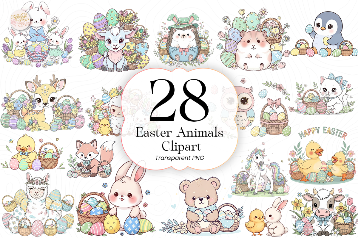 Easter Animals Clipart PNG Cute., an Animal Illustration by KennedyStudio (Photo 1 of 5)