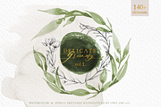 Delicate Greenery Watercolor+Pencil, a Texture Illustration by Inky Jar Design Studio (Thumbnail 1 of 15)