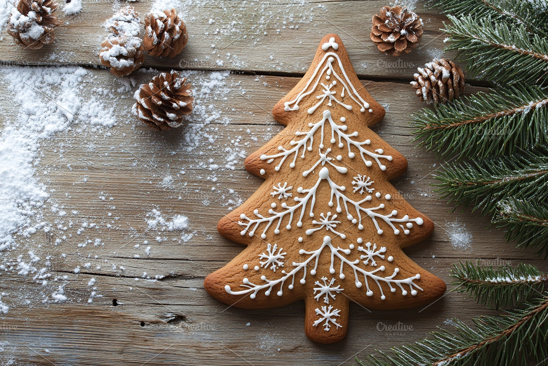 Christmas gingerbread fir tree cookie with fir tree branch and cones on wooden, a Food & Drink Photo by AlyaAnd