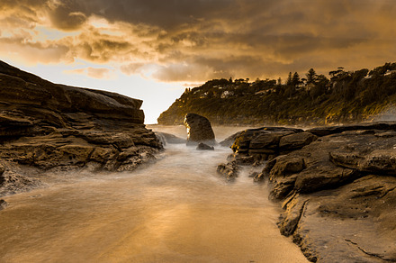 Morning mist sunrise stock photo containing rock and sky