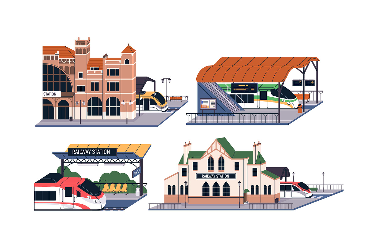 Train stations, railway building set, a Transportation Illustration by Good Studio (Photo 2 of 3)