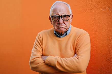 An elderly man with glasses wearing an orange sweater stands against an orange, a Person Photo by Textures & Backgrounds