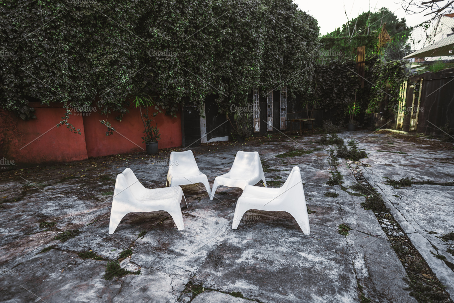 Abandoned courtyard and white chairs, an Architecture Photo by SkyNext