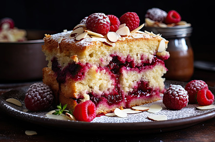 Delicious slices of raspberry almond, a Photo by LOGOCREATIVE